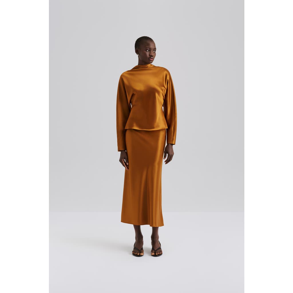Malina Aubree Satin Midi Skirt In Brown