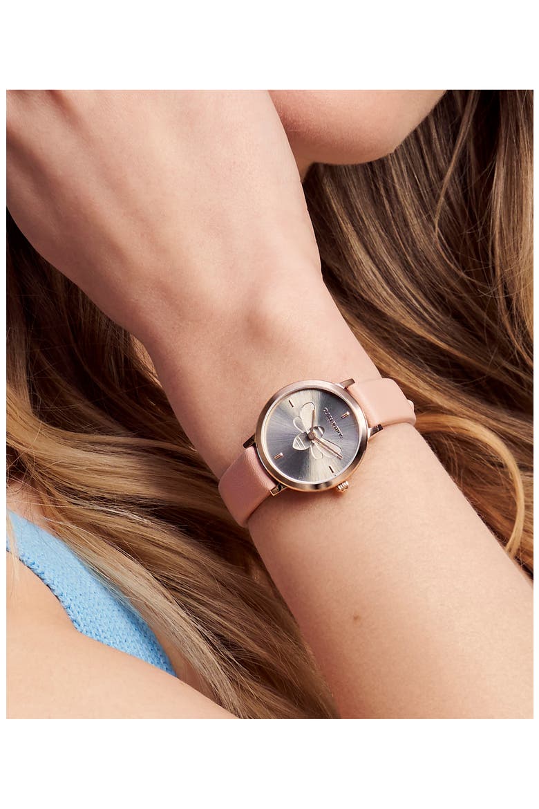 Signature Bees Leather Strap Watch, 28mm, Alternate, color, GOLD