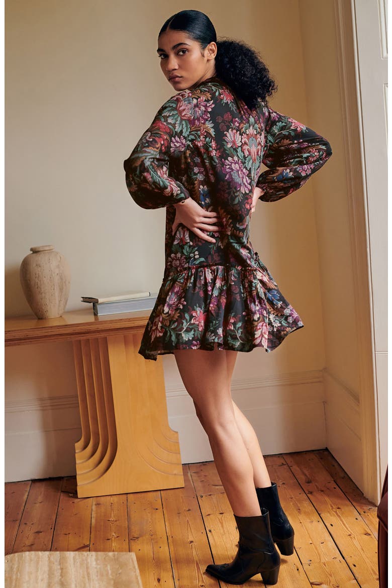 Floral Long Sleeve Ruffle Hem Dress, Alternate, color, BLACK