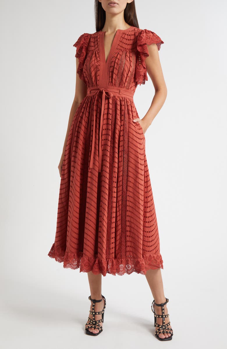 Ulla Johnson Olga Flutter Sleeve Midi Dress, Main, color, Claret