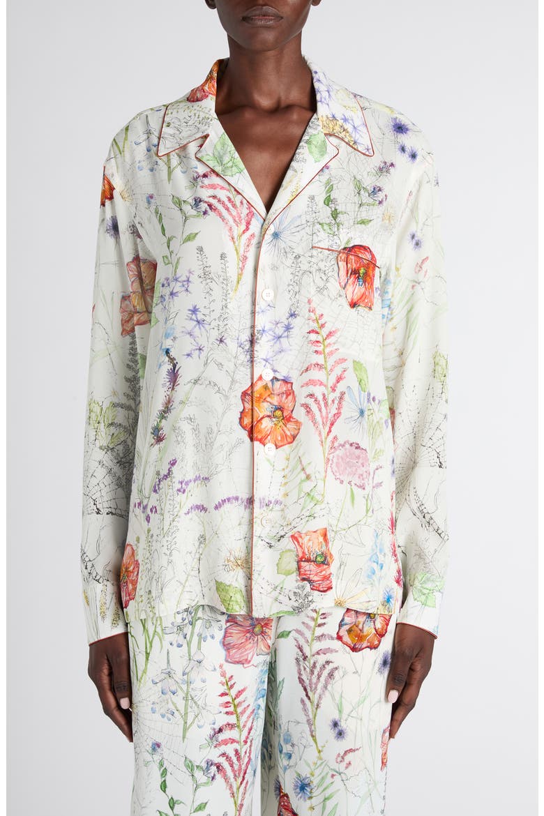 Meadow Floral Piped Pajama Shirt, Main, color, WHITE