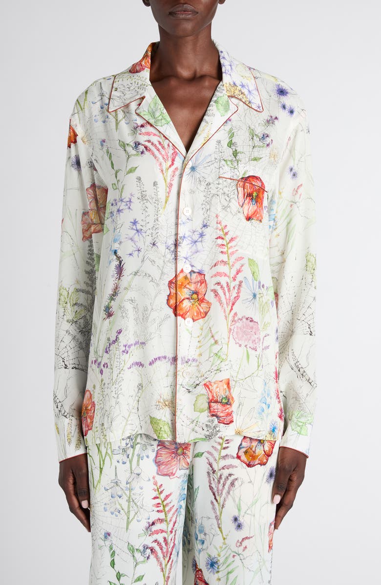 McQueen Meadow Floral Piped Pajama Shirt, Main, color, White