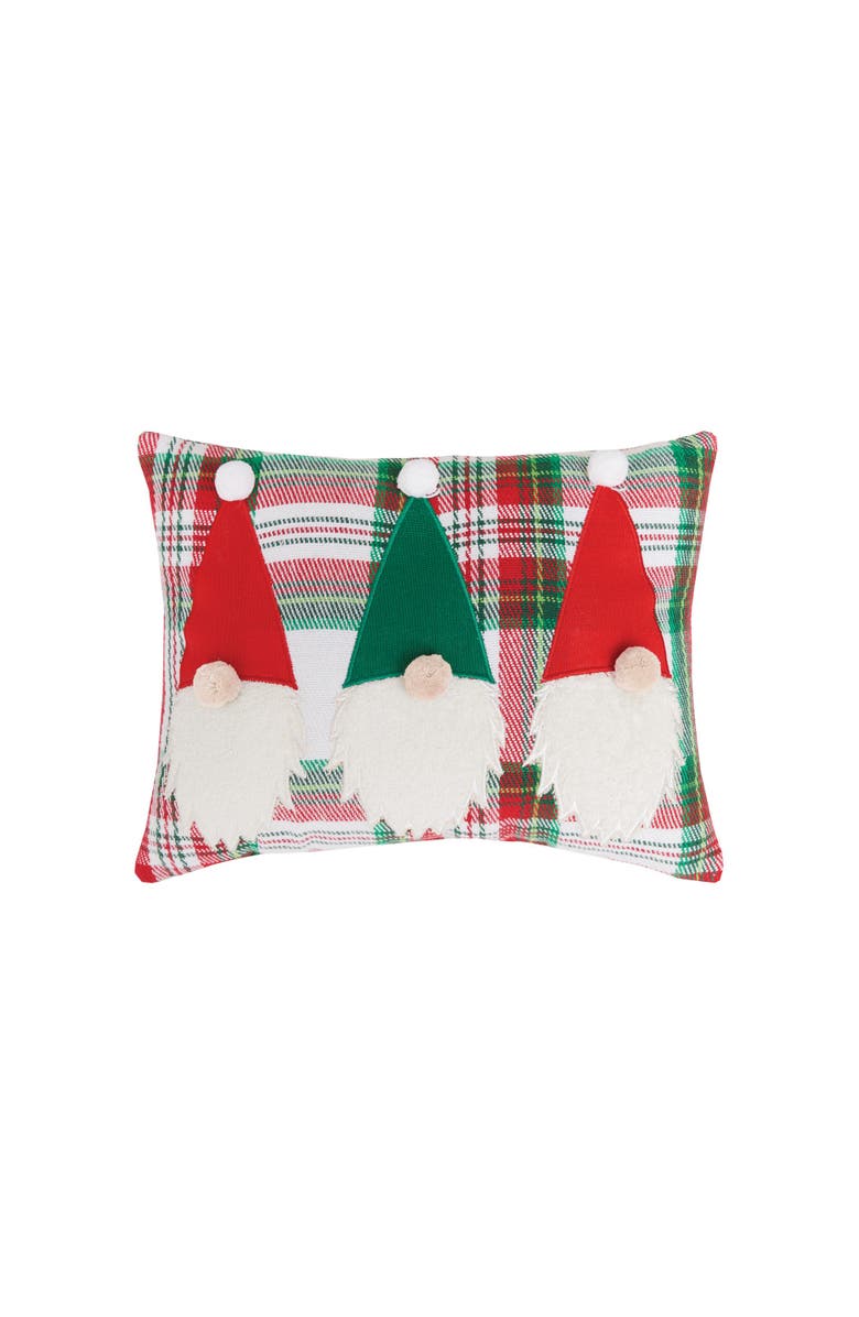 C&F Home Gnome Trio Plaid Applique 100% Cotton Mini Christmas Accent Throw Pillow 9" x 12", Main, color, Red