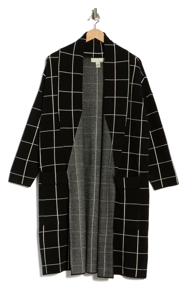 BY DESIGN Alicia Longline Cardigan, Main, color, Black/ White Windowpane
