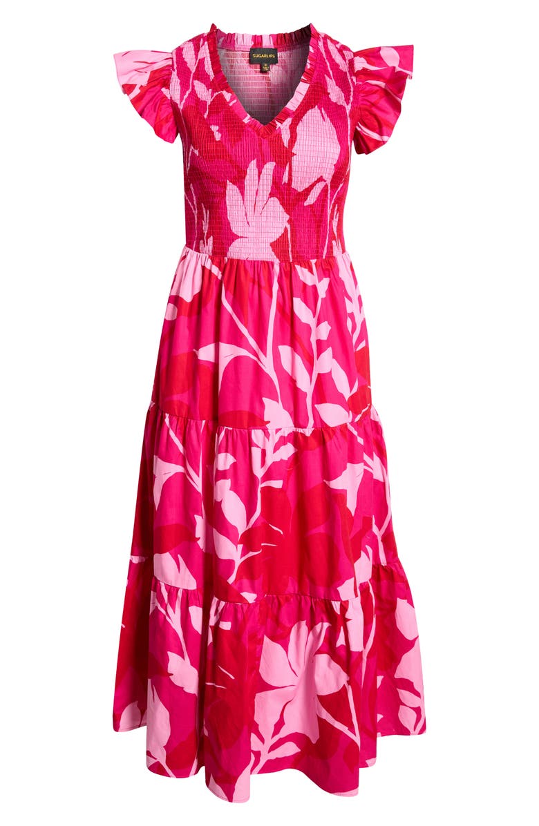 SUGARLIPS Mila Floral Sunfire Smocked Cotton Tiered Maxi Dress, Alternate, color, Magenta-Cherry