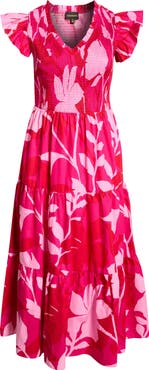 SUGARLIPS Mila Floral Sunfire Smocked Cotton Tiered Maxi Dress