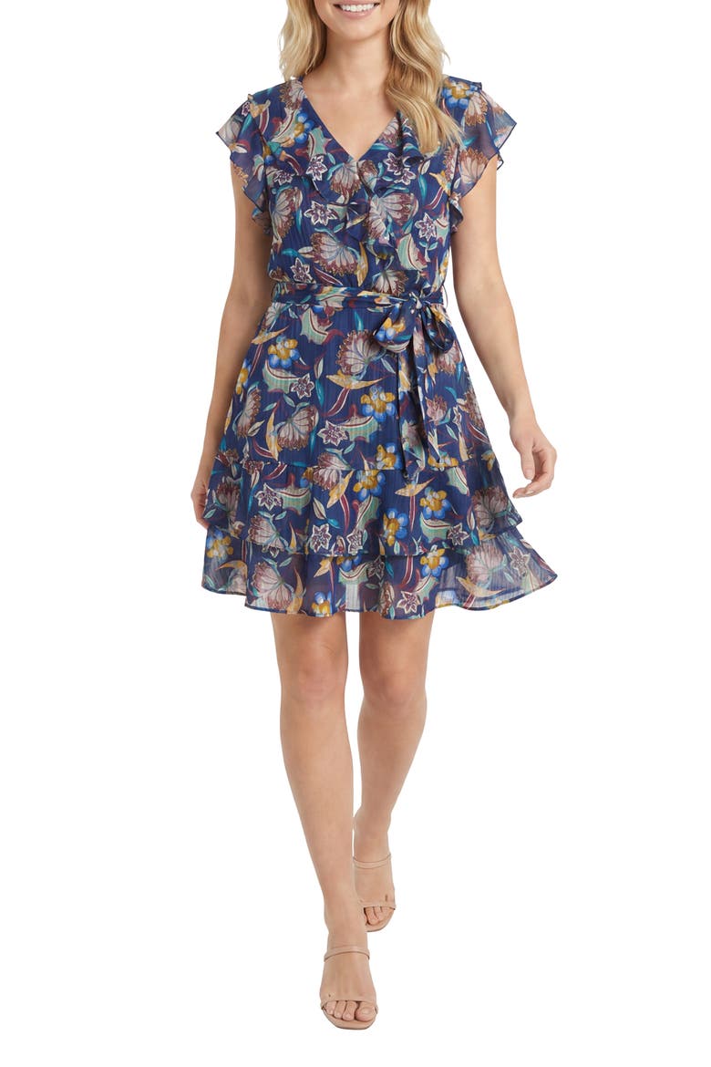 Ruffle Tie Waist Dress, Main, color, NAVY/HOLLYHOCK