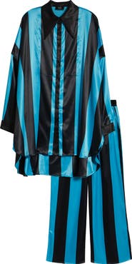 Dressed in Lala Posh Stripe Oversize Satin Button-Up Shirt & Pants Set