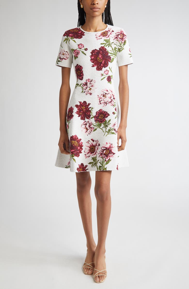 Oscar de la Renta Peony Bouclé Jacquard Fit & Flare Dress, Main, color, Ivory Multi