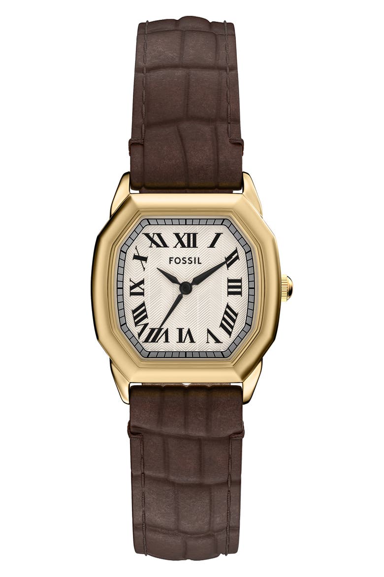 Harlow Croc Embossed Leather Strap Watch, 27mm, Main, color, BROWN/ GOLD