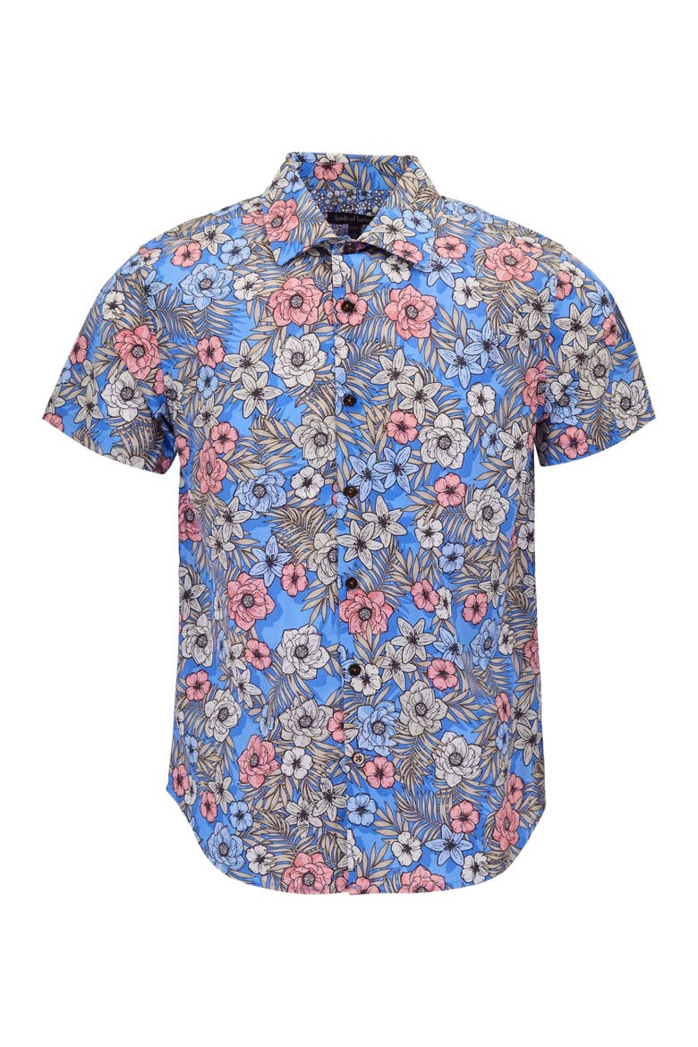 Tropical Mix Mens Printed Button Up Shirt, Alternate, color, TROPICAL MIX ROYAL