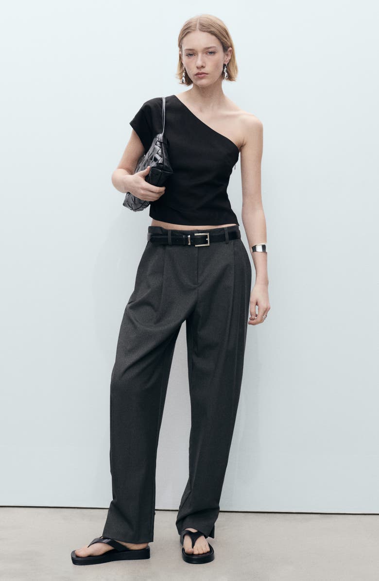 MANGO Bari One-Shoulder Linen Blend Top, Alternate, color, Black