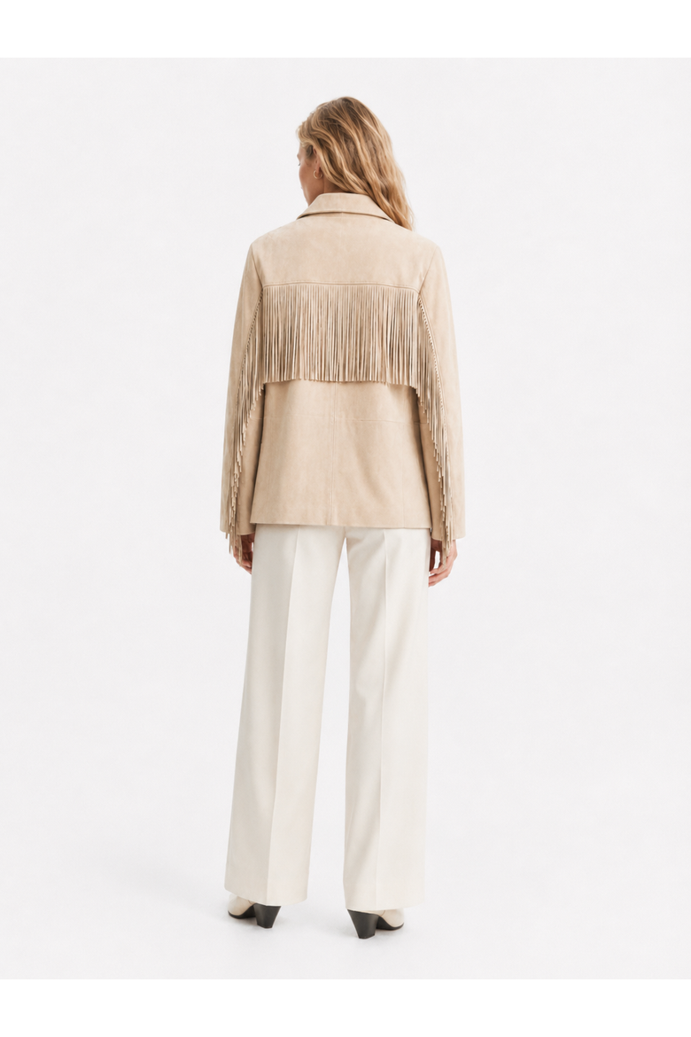 Calypso Fringe Suede Leather Jacket, Alternate, color, Beige