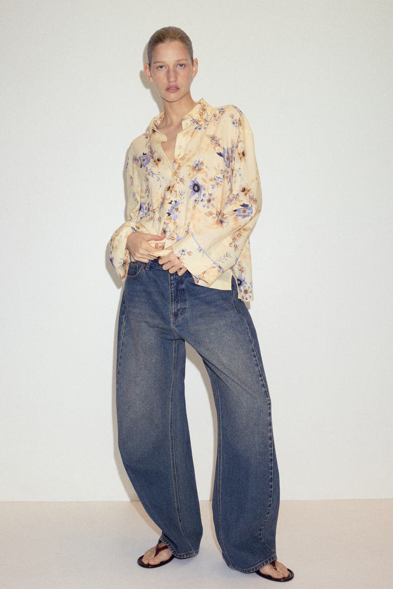Oversized Linen-blend Shirt, Main, color, Light yellow/floral