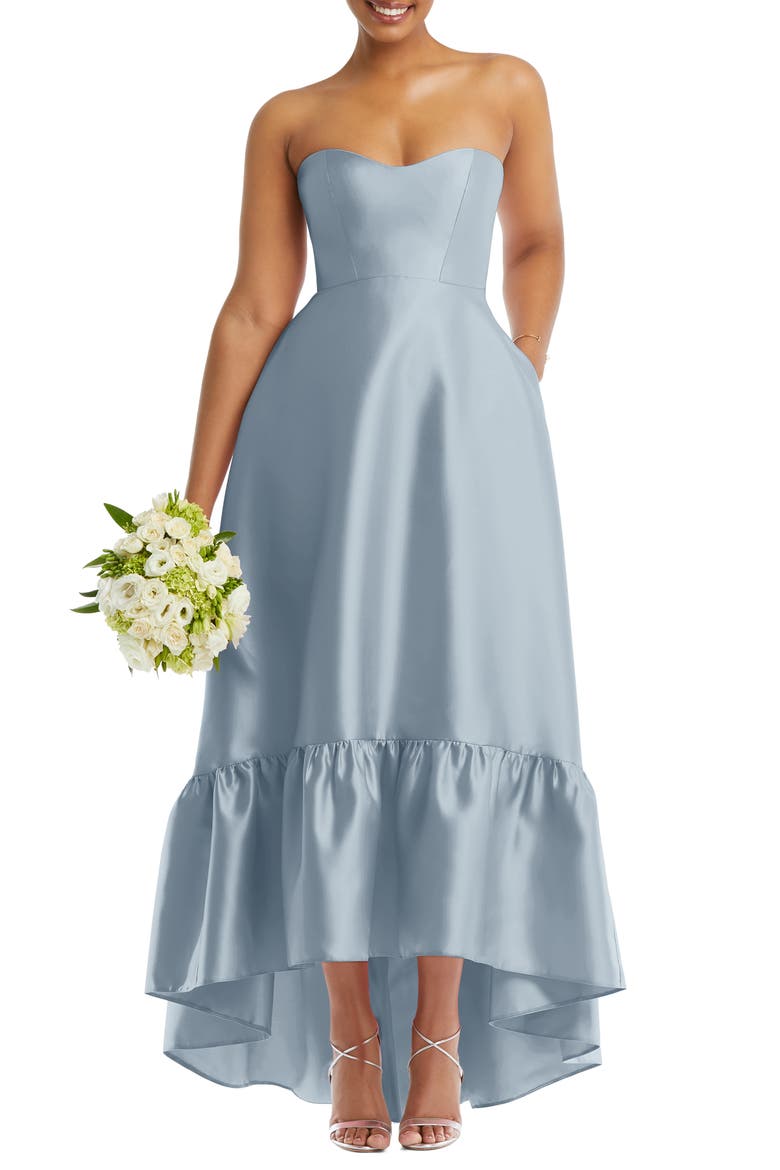 Strapless Ruffle High-Low Satin Gown, Main, color, MIST