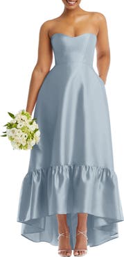 Alfred Sung Strapless Ruffle High-Low Satin Gown