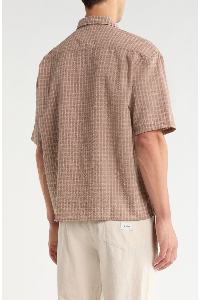 Frequency Check Short Sleeve Cotton Seersucker Button-Up Shirt, Alternate, color, CARAMEL