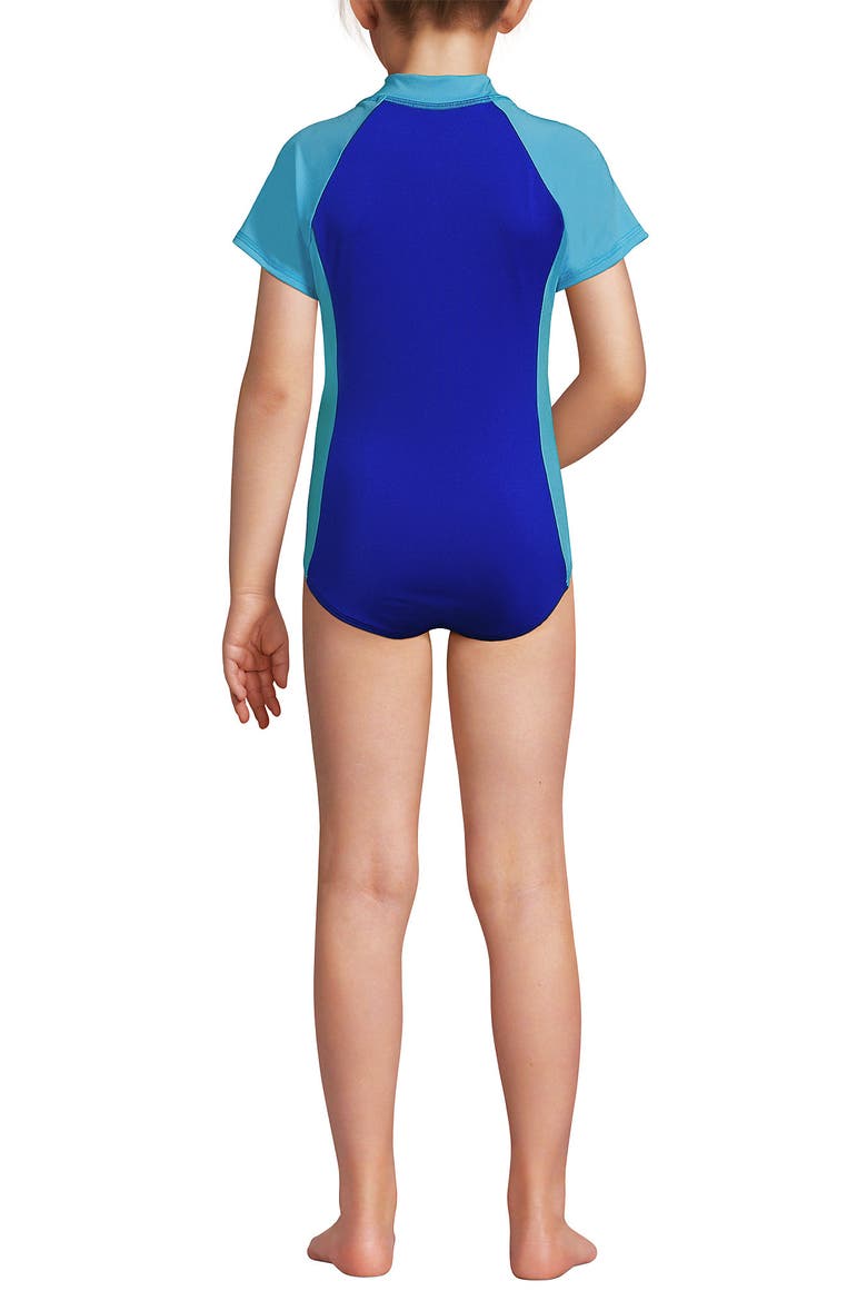 Girls Long Sleeve Half Zip One Piece UPF 50 Swimsuit, Alternate, color, Turquoise/Electric Blue