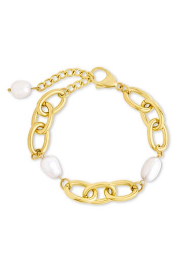 Sterling Forever Tess Cultured Pearl Chain Bracelet In Gold