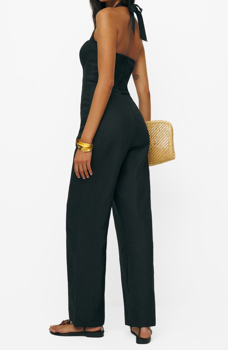 Reformation Malika Linen Halter Jumpsuit, Alternate, color, Black