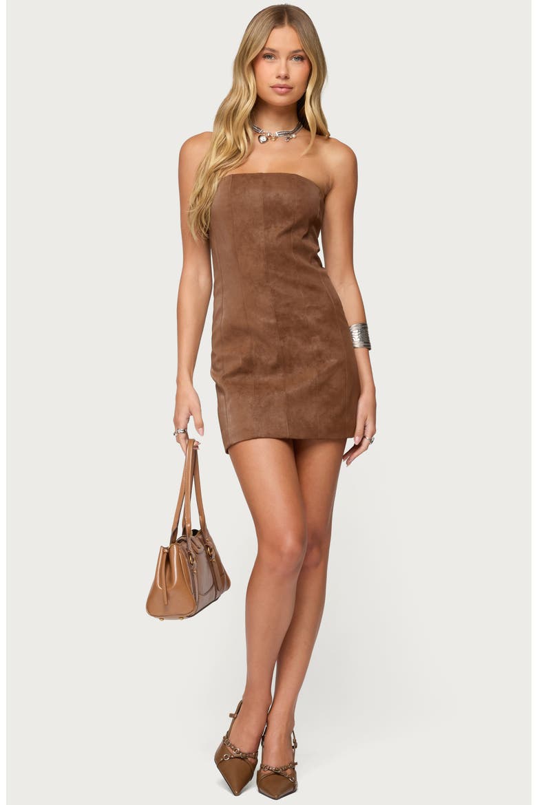 Carina Strapless Faux Suede Minidress, Alternate, color, BROWN