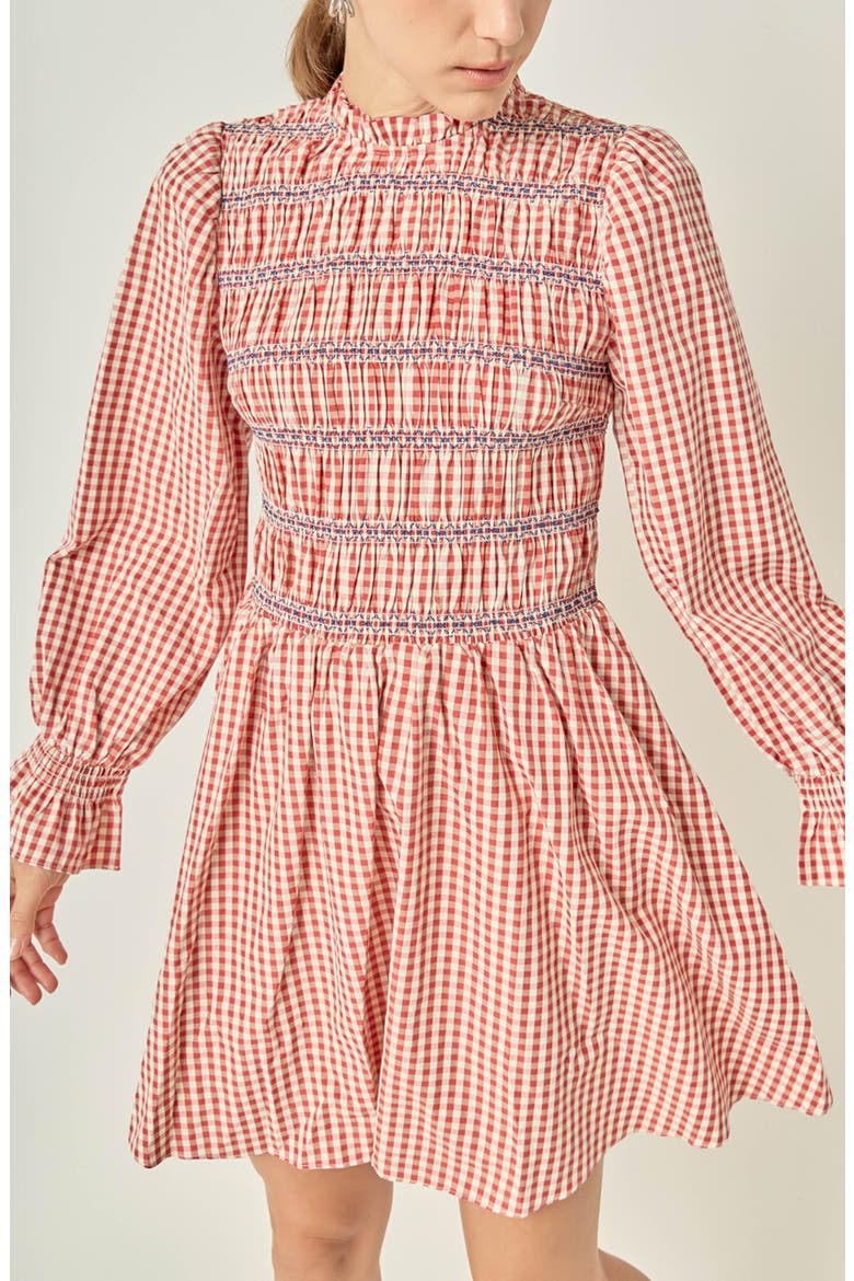 Gingham Smocked Long Sleeve Minidress, Alternate, color, DARK CHERRY
