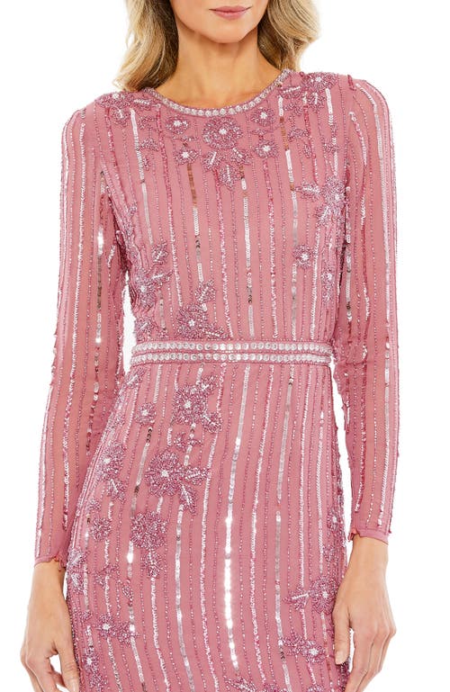 Mac Duggal Hand Embellished Asymmetrical Long Sleeve Midi Dress In Rosewood