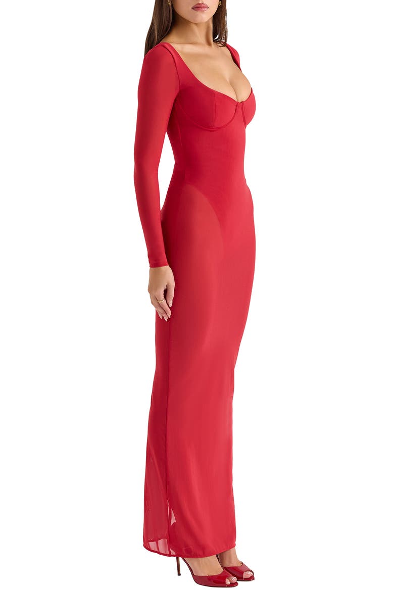 Everly Corset Long Sleeve Gown, Alternate, color, HAUTED RED