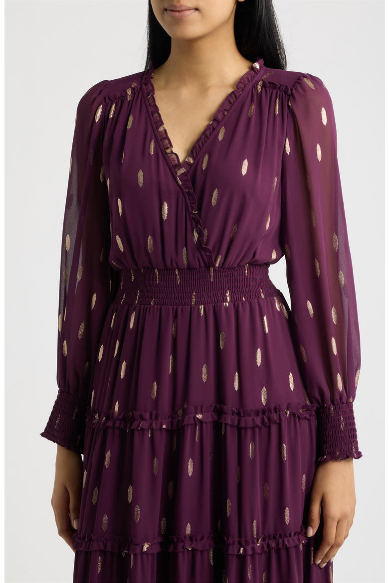 Foil Smocked Waist Long Sleeve Tiered Maxi Dress, Alternate, color, POTENT PURPLE