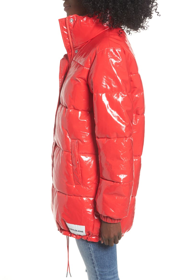 Glossy Puffer Jacket, Alternate, color, TOMATO