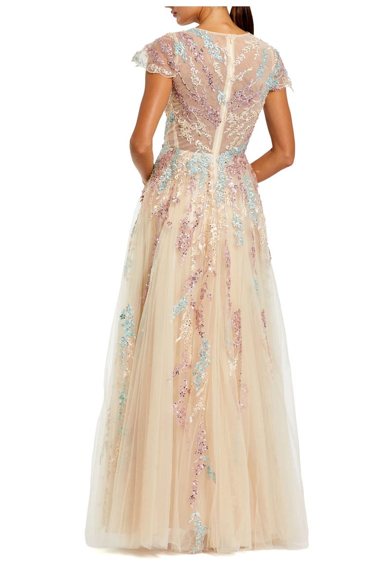 Mac Duggal Embellished Net Wrap Flutter Sleeve Gown, Alternate, color, Nude Multi