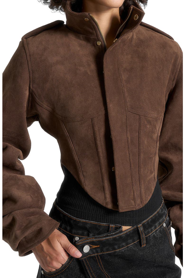 Solange Suede Tacked Sleeve Corset Jacket, Alternate, color, Brown