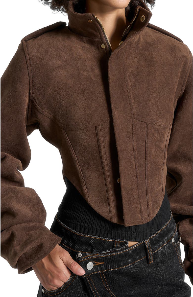 Manière De Voir Solange Suede Tacked Sleeve Corset Jacket, Alternate, color, Brown