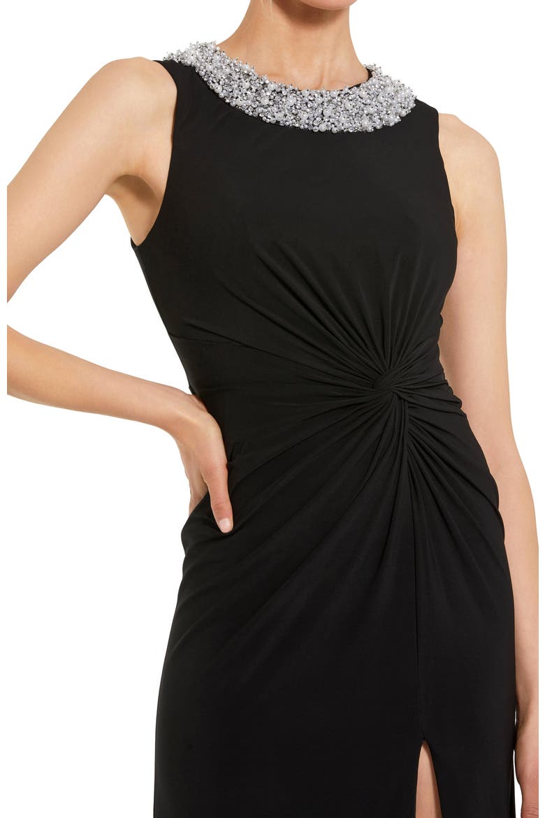 Rhinestone Embellished High Neck Twist Waist Jersey Gown, Alternate, color, Black