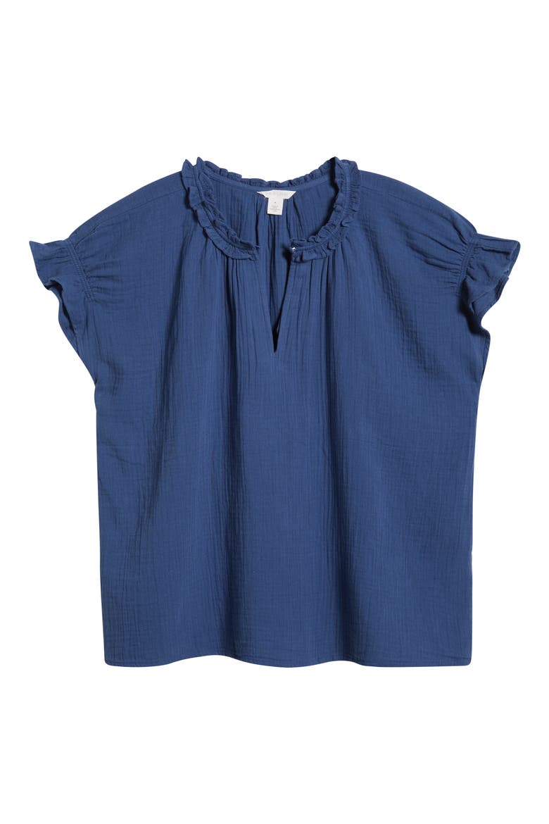 Ruffle Accent Cotton Gauze Top, Alternate, color, NAVY DENIM