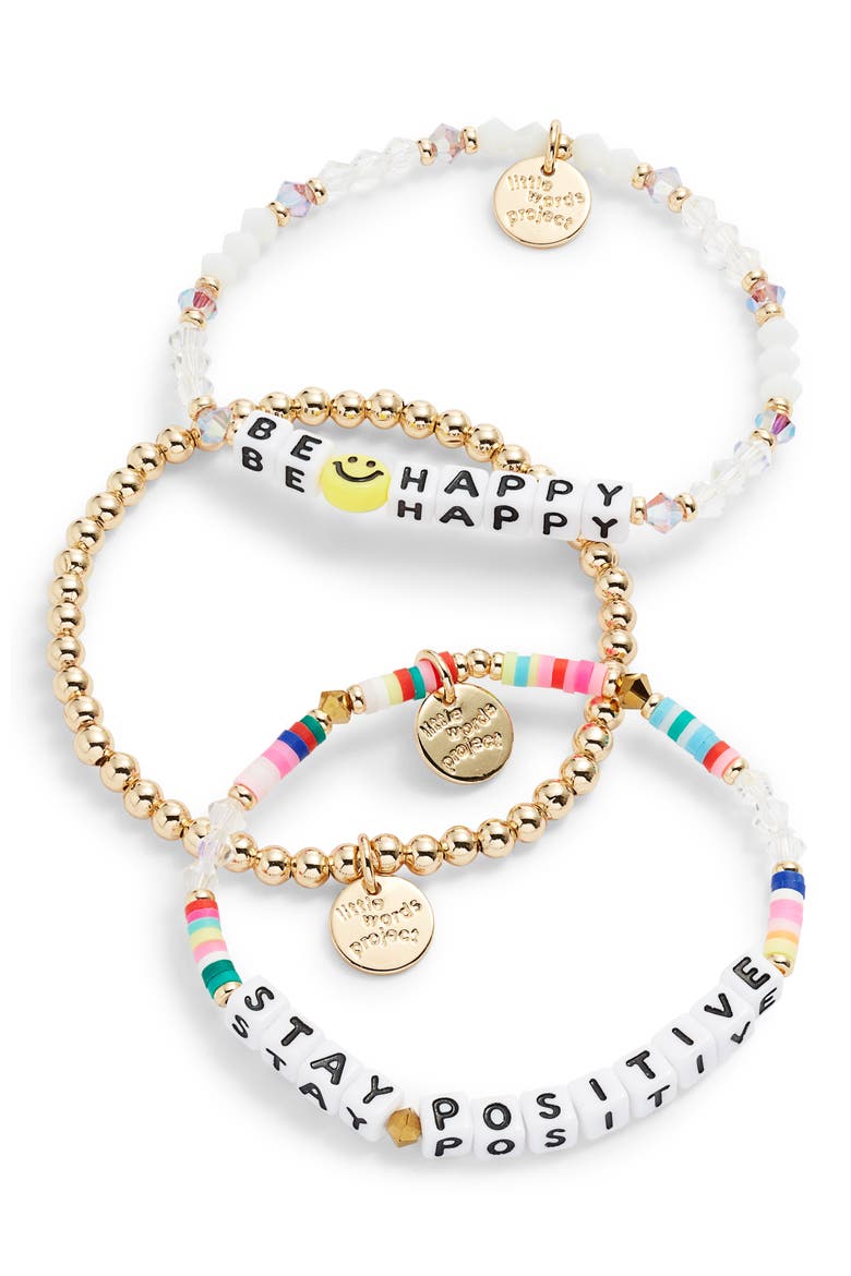 Be Happy/Stay Positive Set of 3 Stretch Bracelets, Main, color, CRYSTAL RAINBOW