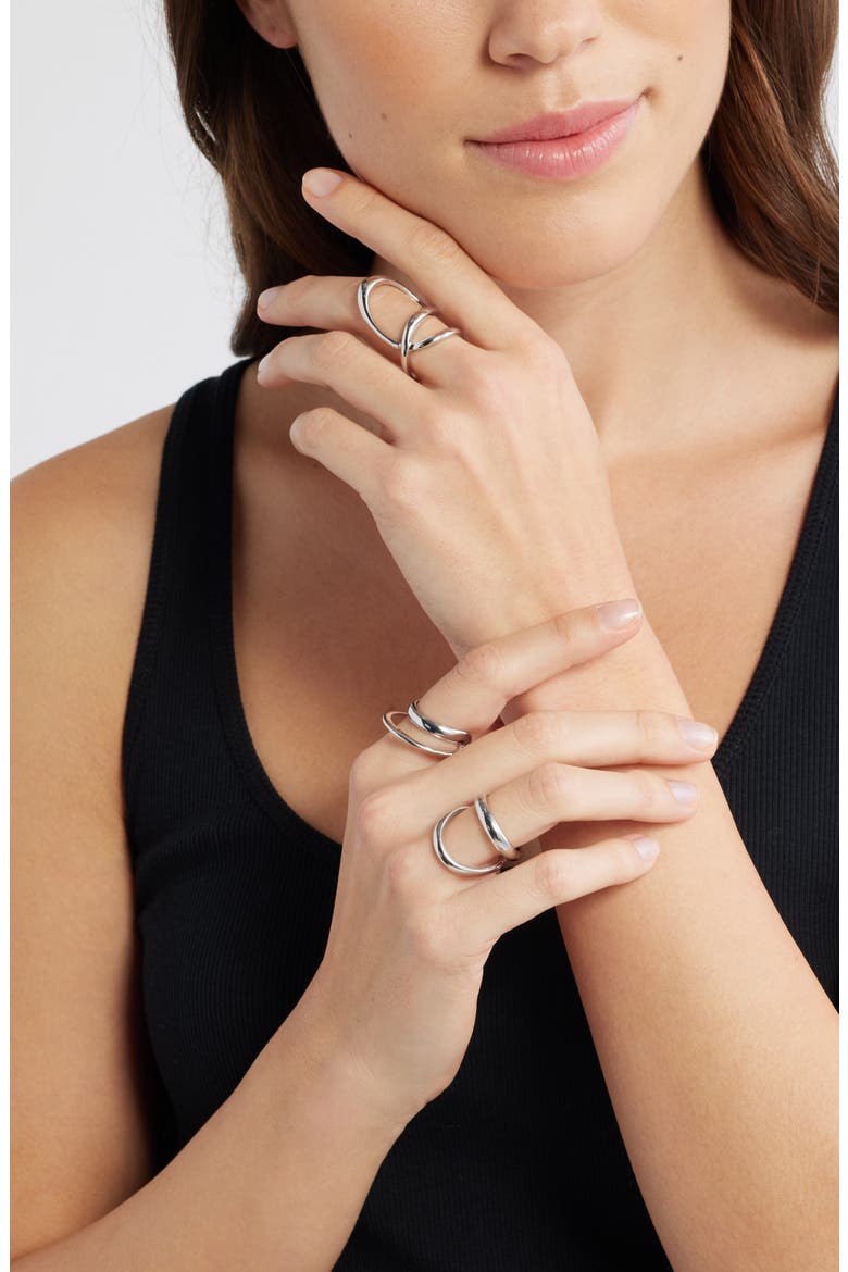 Set of 3 Bold Double Band Rings, Alternate, color, RHODIUM