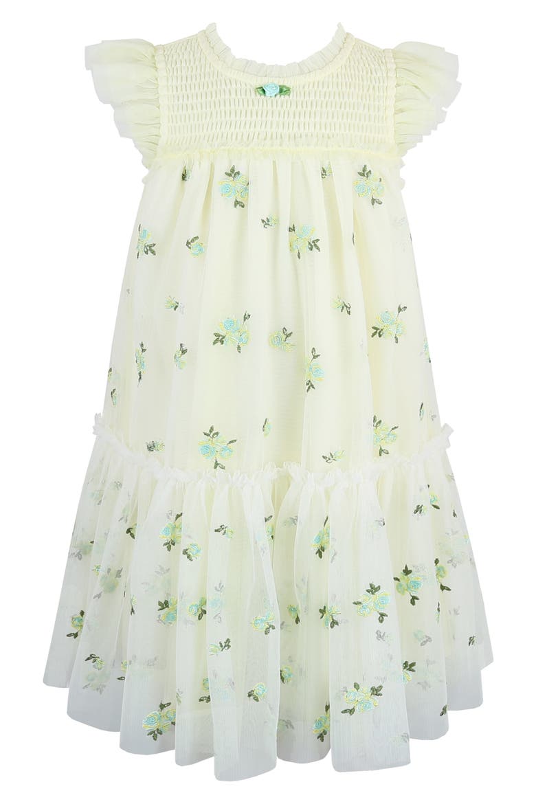 Kids' Embroidered Flutter Sleeve Mesh Party Dress, Main, color, YELLOW