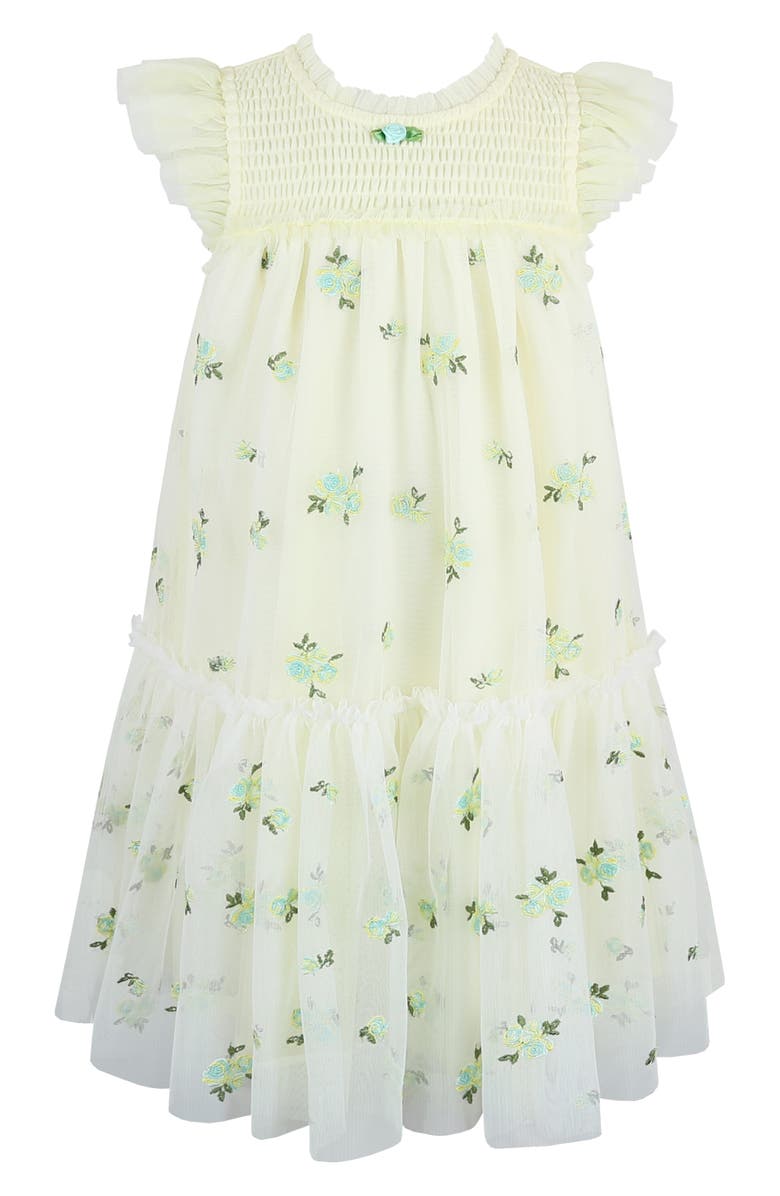 Zunie Kids' Embroidered Flutter Sleeve Mesh Party Dress, Main, color, Yellow