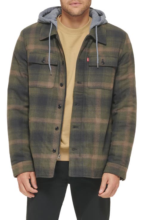 Plaid Faux Shearling Lined Jersey Hood Shirt Jacket