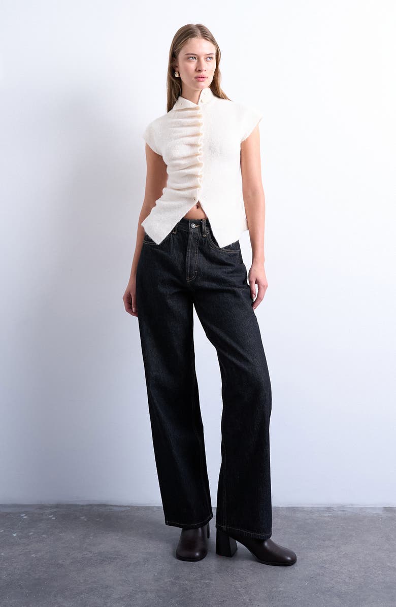 Topshop Ruffle Button Front Knit Top, Alternate, color, White