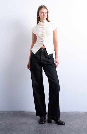 Ruffle Button Front Knit Top
