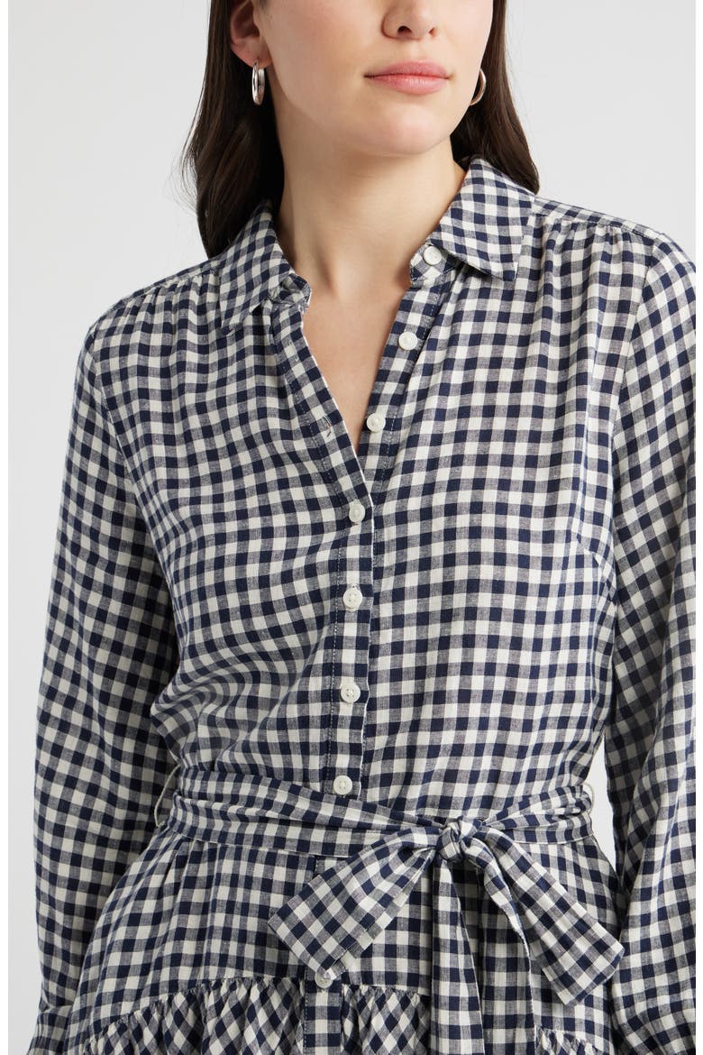 Long Sleeve Linen Blend Mini Shirtdress, Alternate, color, NAVY STILL- IVORY BEA GINGHAM