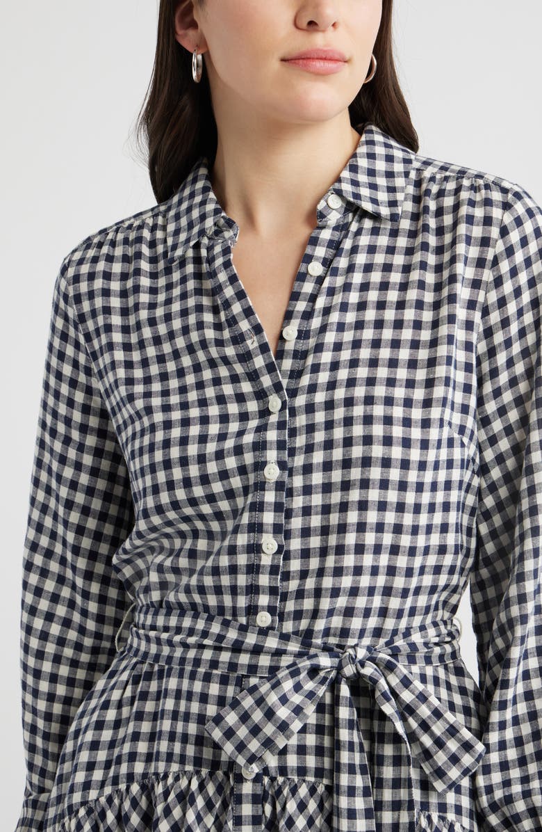 Caslon<sup>®</sup> Long Sleeve Linen Blend Mini Shirtdress, Alternate, color, Navy Still- Ivory Bea Gingham