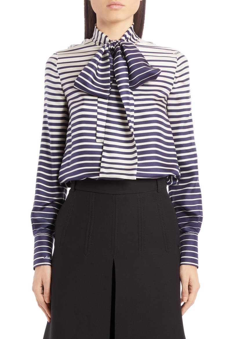 Stripe Tie Neck Silk Blouse, Main, color, AVORIO/ NAVY