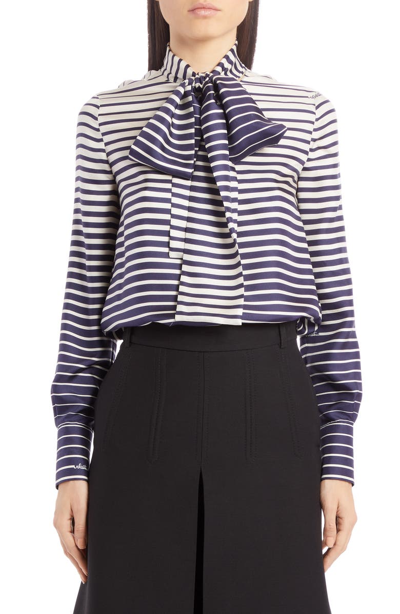 Valentino Stripe Tie Neck Silk Blouse, Main, color,