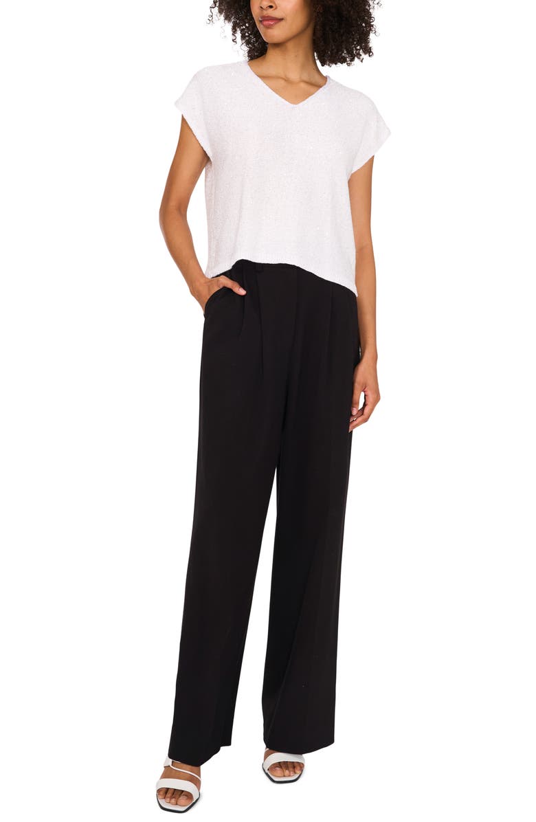 Vince Camuto Sequin Accent Short Sleeve Sweater, Alternate, color, Antique White Silver