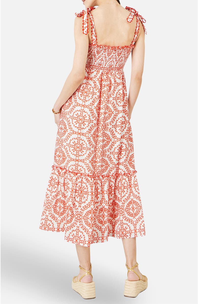 Yumi Ruched Tie Strap Midi Sun Dress, Alternate, color, Red