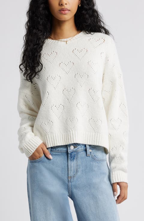 Pointelle Heart Cotton Blend Sweater