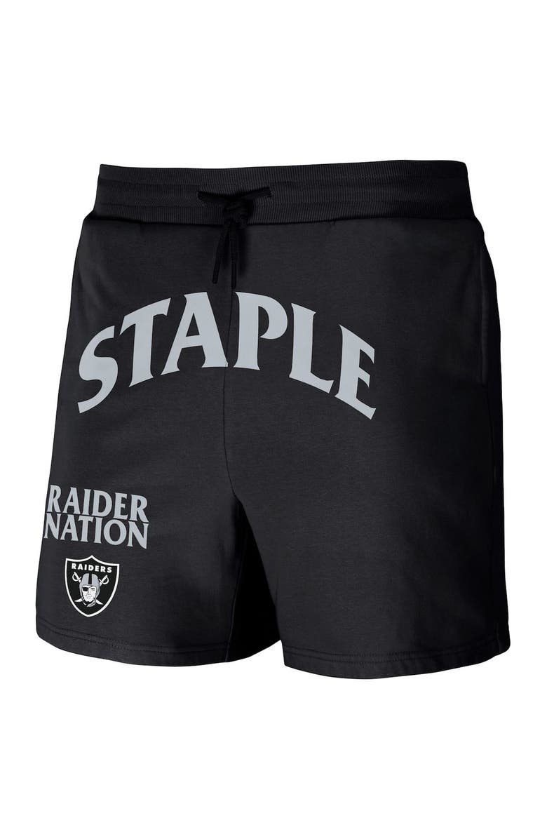 STAPLE Men's NFL x Staple Black Las Vegas Raiders Throwback Vintage Wash Fleece Shorts, Alternate, color, 